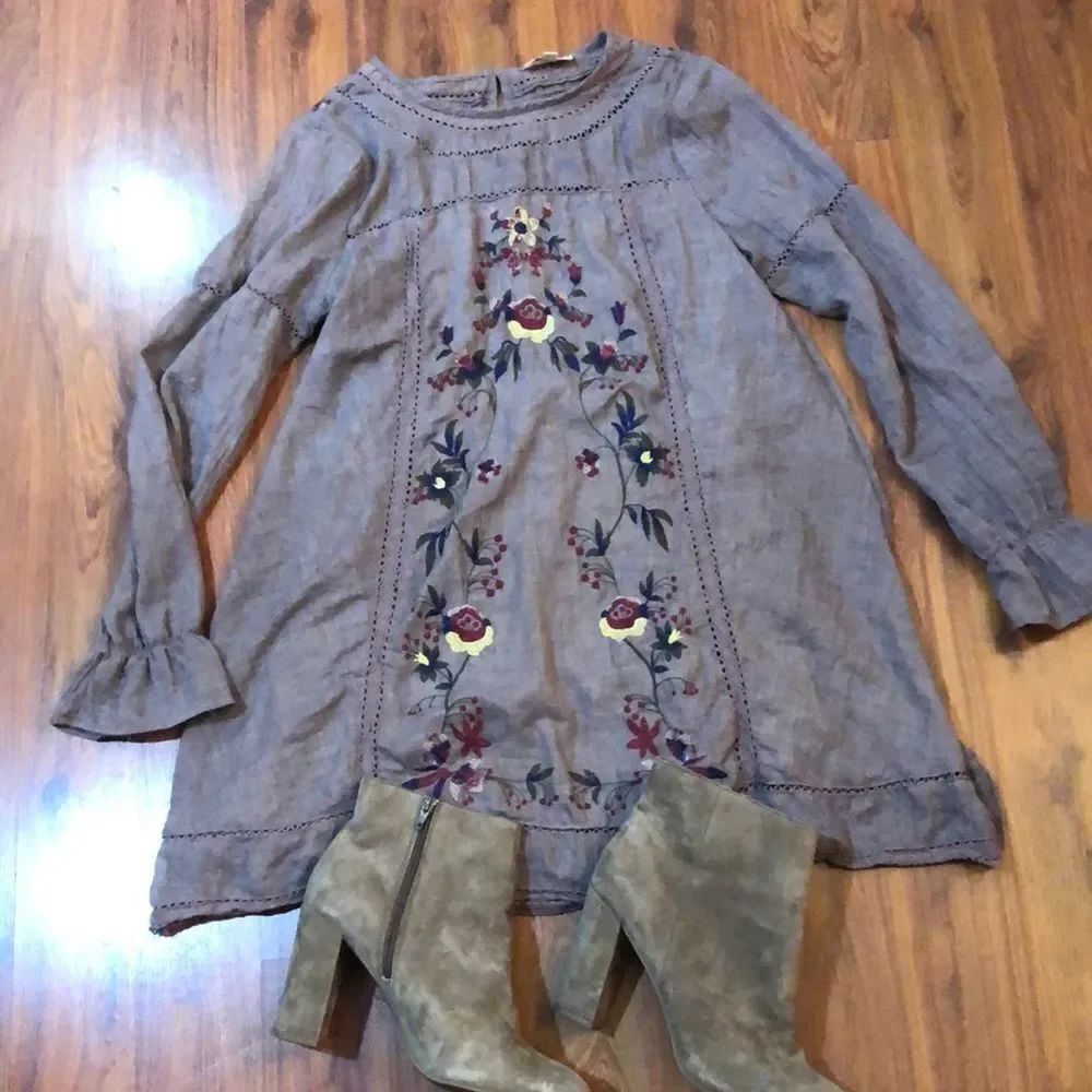 Umgee Taupe gauze embroidered BoHo dress/top S